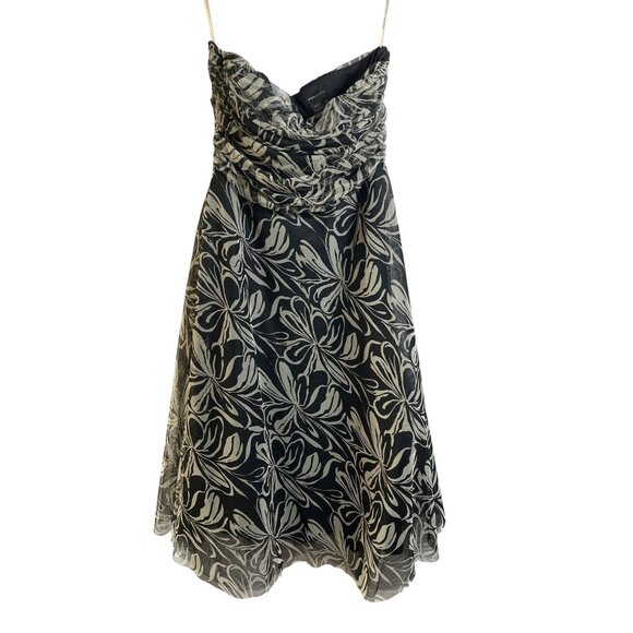 BCBGMaxazria Dresses & Skirts - BCBGMaxazria Chiffon Tulle Lined Dress Floral Strapless Black Beige Women Sz. 12